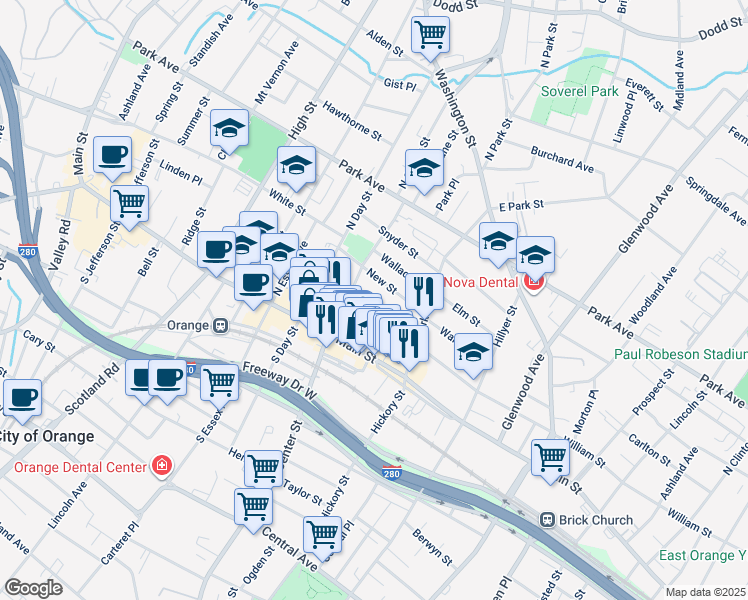 map of restaurants, bars, coffee shops, grocery stores, and more near 218 New Street in City of Orange