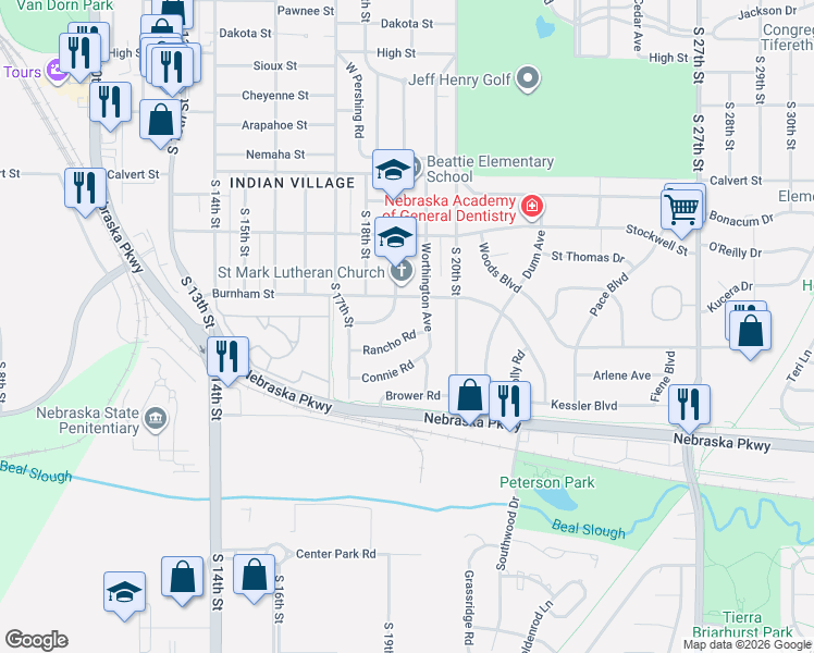 map of restaurants, bars, coffee shops, grocery stores, and more near 1817 Sunny Hill Road in Lincoln