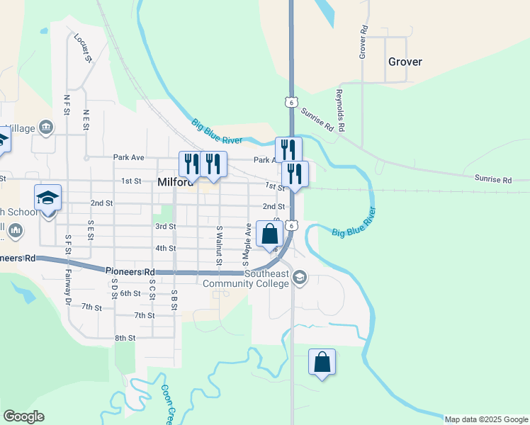 map of restaurants, bars, coffee shops, grocery stores, and more near 219 2nd Street in Milford