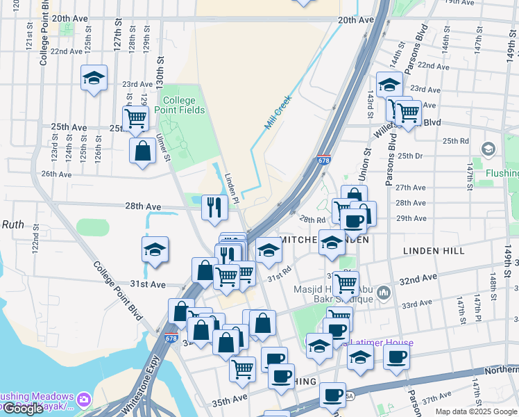 map of restaurants, bars, coffee shops, grocery stores, and more near 28-11 Linden Place in Queens