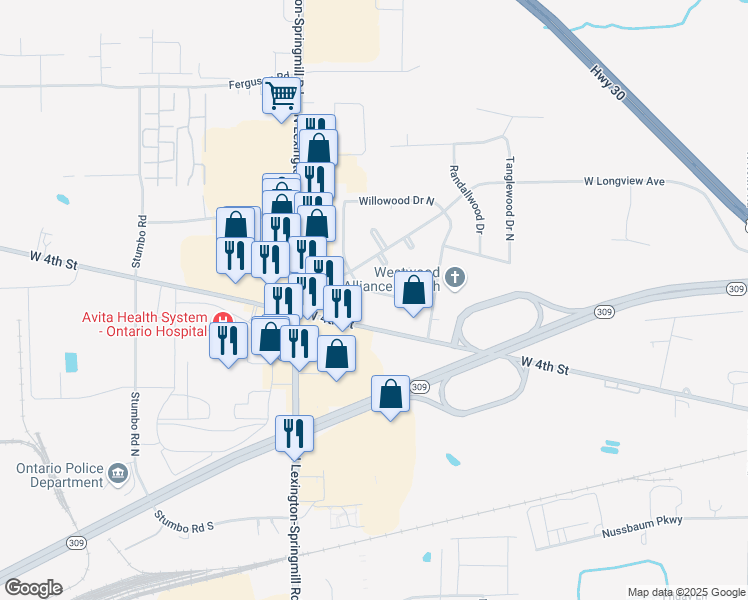 map of restaurants, bars, coffee shops, grocery stores, and more near 2051 Willowood Drive South in Ontario