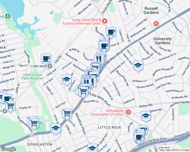 map of restaurants, bars, coffee shops, grocery stores, and more near 2 Nassau Road in Great Neck