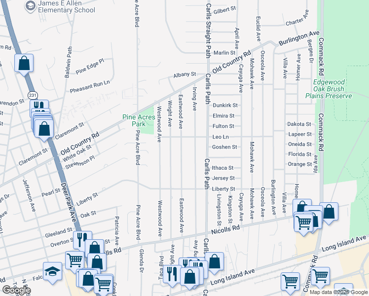map of restaurants, bars, coffee shops, grocery stores, and more near 222 Eastwood Avenue in Deer Park