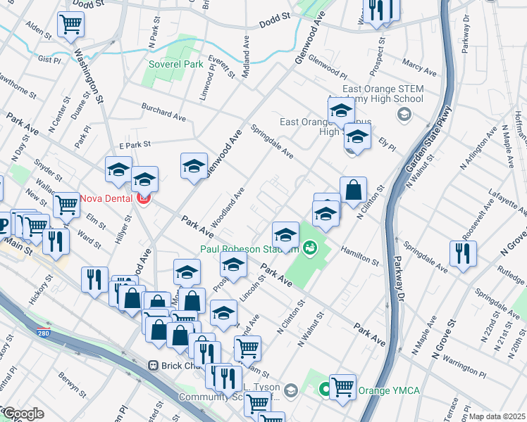 map of restaurants, bars, coffee shops, grocery stores, and more near 209 Prospect Street in East Orange