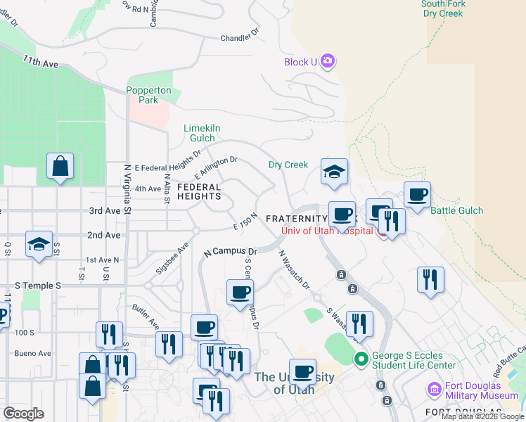 map of restaurants, bars, coffee shops, grocery stores, and more near 1515 Military Way in Salt Lake City