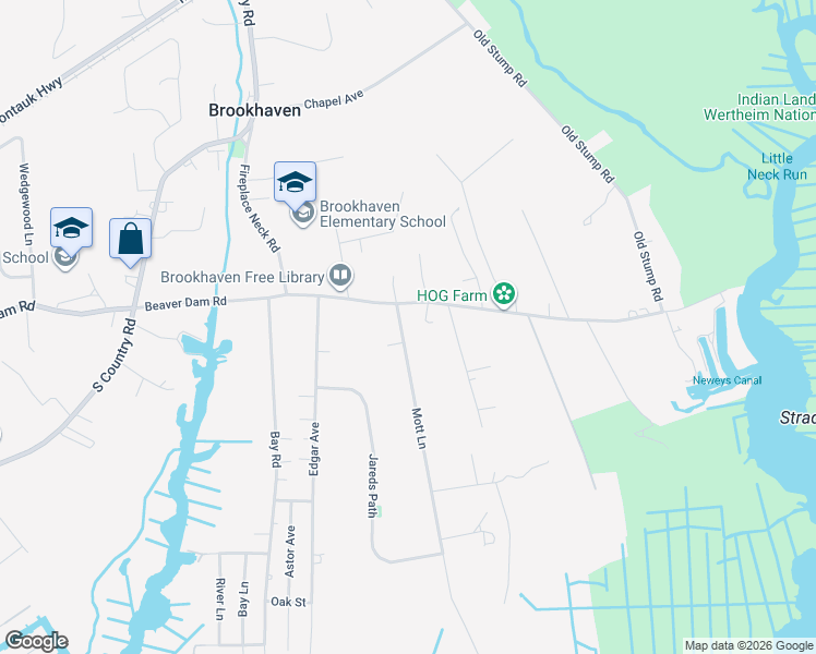 map of restaurants, bars, coffee shops, grocery stores, and more near 5 Mott Lane in Brookhaven