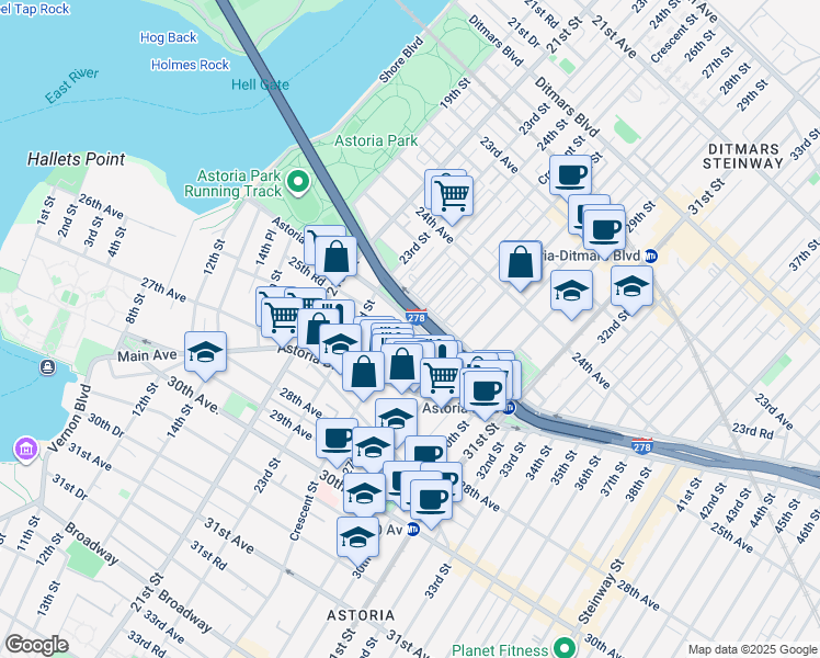 map of restaurants, bars, coffee shops, grocery stores, and more near 2501 Crescent Street in Queens