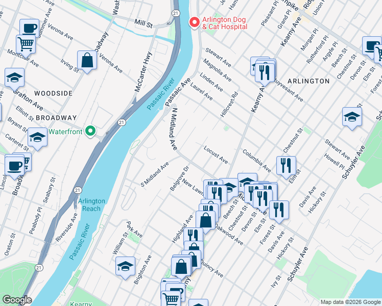 map of restaurants, bars, coffee shops, grocery stores, and more near 639 Belgrove Drive in Kearny