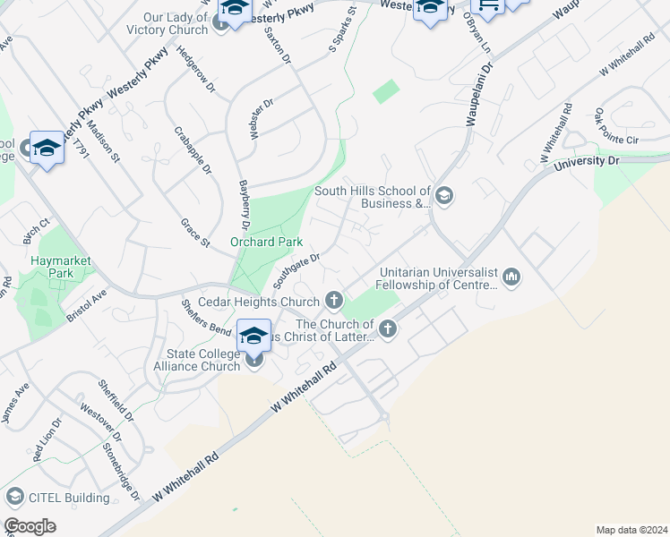 map of restaurants, bars, coffee shops, grocery stores, and more near 1621 South Ashwicken Court in State College