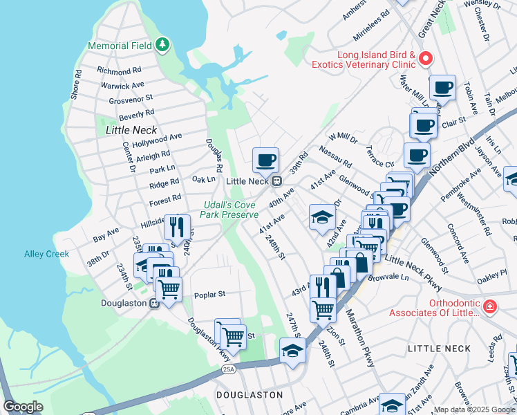 map of restaurants, bars, coffee shops, grocery stores, and more near 248-09 40th Avenue in Queens