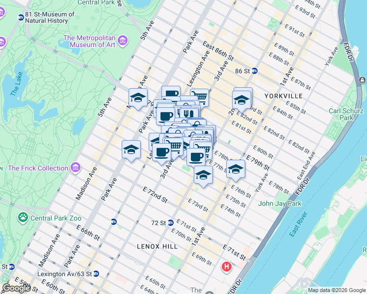 map of restaurants, bars, coffee shops, grocery stores, and more near East 77th Street in New York