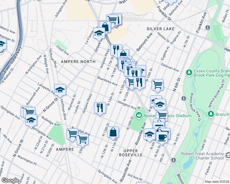 map of restaurants, bars, coffee shops, grocery stores, and more near 198 North 16th Street in Bloomfield