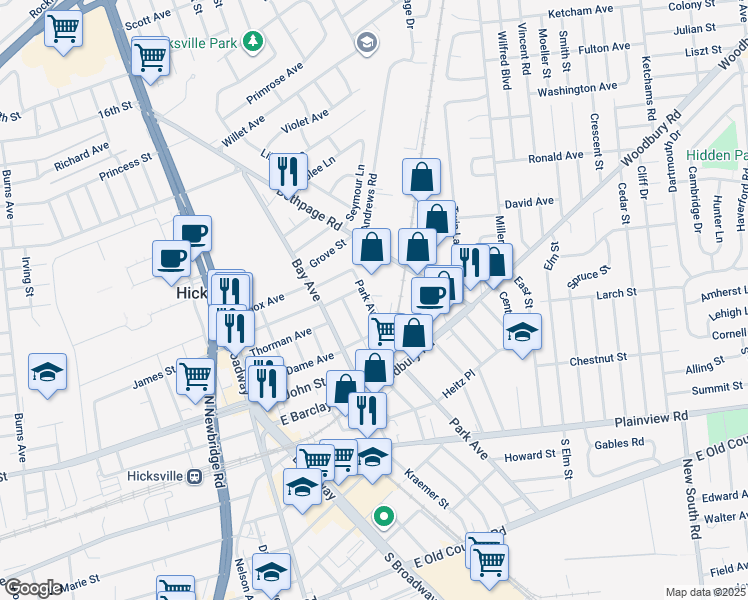 map of restaurants, bars, coffee shops, grocery stores, and more near 223 Park Avenue in Hicksville