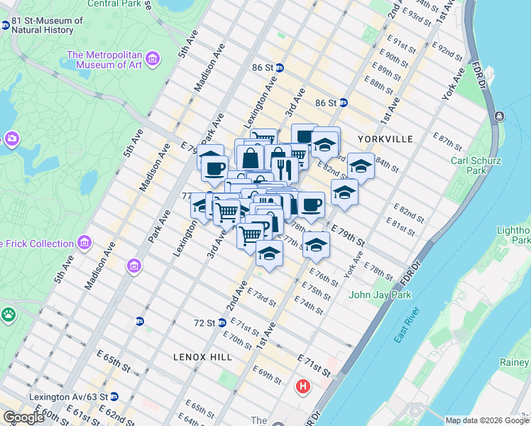 map of restaurants, bars, coffee shops, grocery stores, and more near 250 East 78th Street in New York