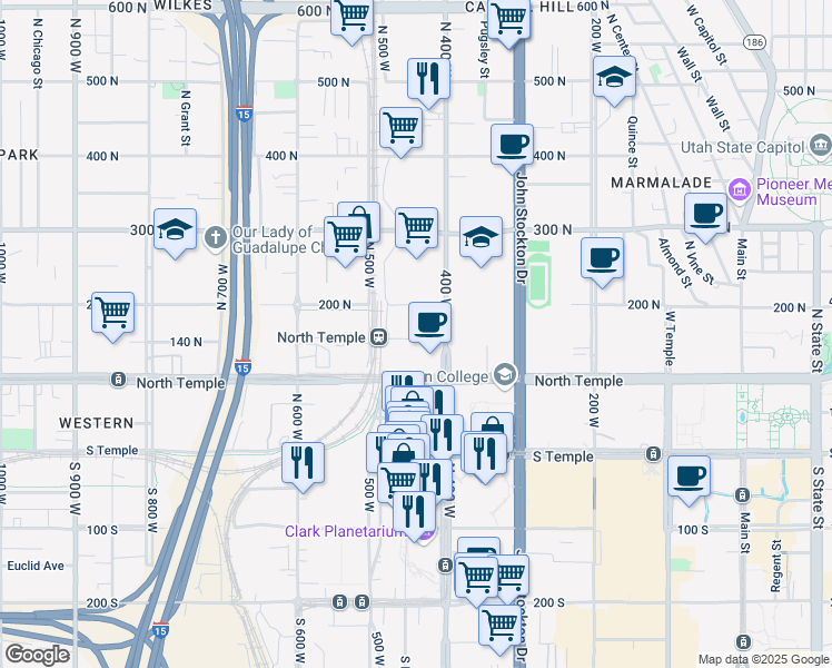 map of restaurants, bars, coffee shops, grocery stores, and more near 455 West 200 North in Salt Lake City