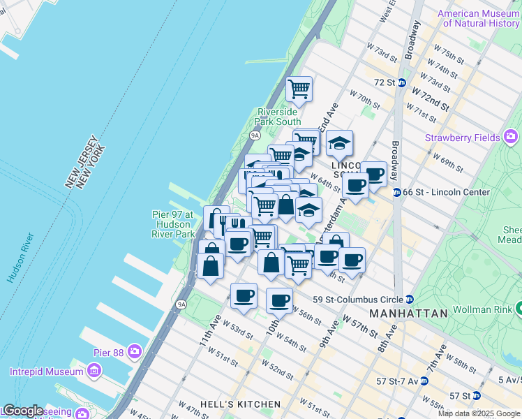map of restaurants, bars, coffee shops, grocery stores, and more near 21 West End Avenue in New York