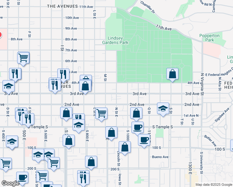 map of restaurants, bars, coffee shops, grocery stores, and more near 152 N Street East in Salt Lake City