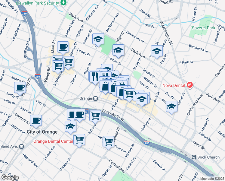 map of restaurants, bars, coffee shops, grocery stores, and more near 327 Main Street in City of Orange