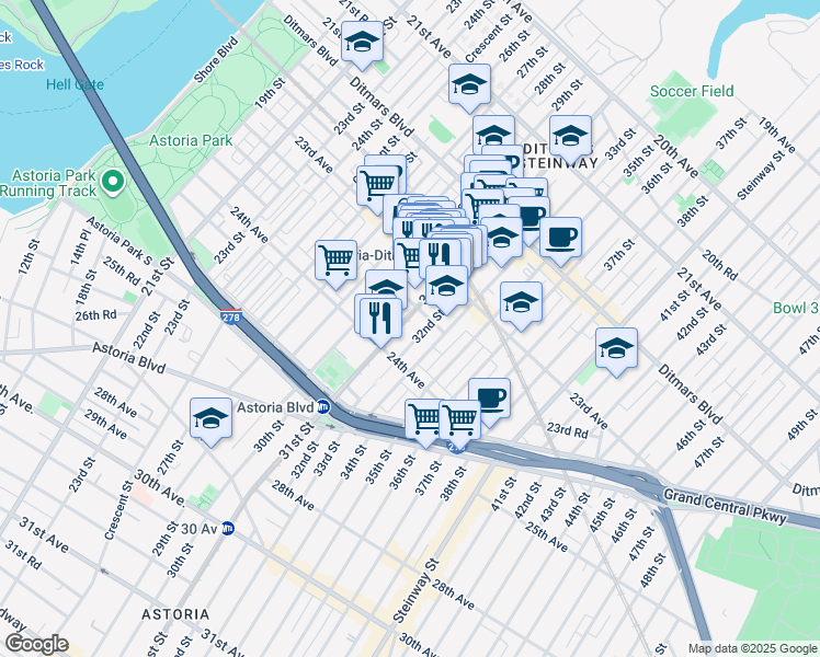 map of restaurants, bars, coffee shops, grocery stores, and more near 23-61 31st Street in Queens