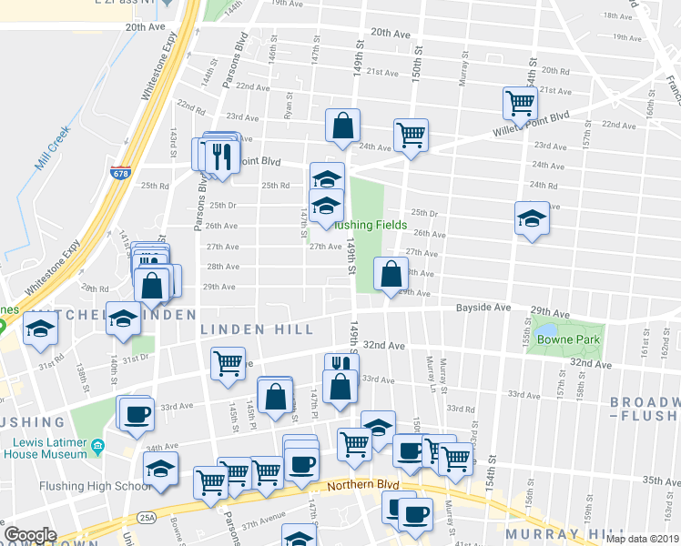 map of restaurants, bars, coffee shops, grocery stores, and more near 147-44 28th Avenue in Queens
