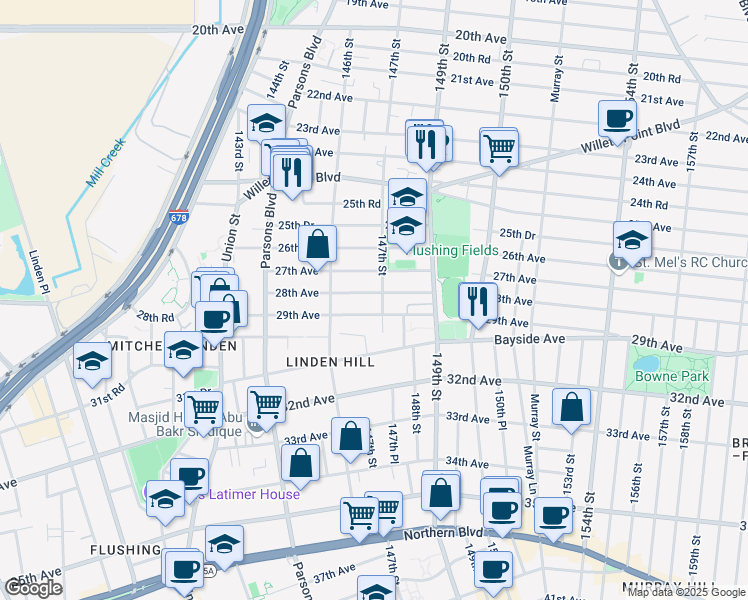 map of restaurants, bars, coffee shops, grocery stores, and more near 147-8 28th Avenue in Queens