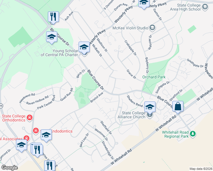 map of restaurants, bars, coffee shops, grocery stores, and more near 2991 Fairchild Lane in State College