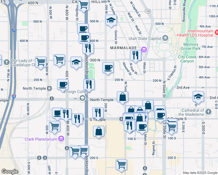 map of restaurants, bars, coffee shops, grocery stores, and more near 150 North 200 West in Salt Lake City