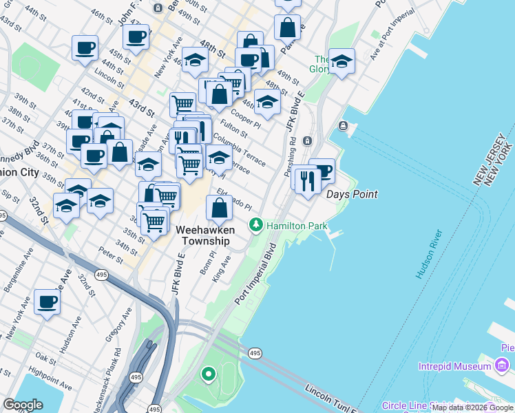 map of restaurants, bars, coffee shops, grocery stores, and more near 829 Boulevard East in Weehawken
