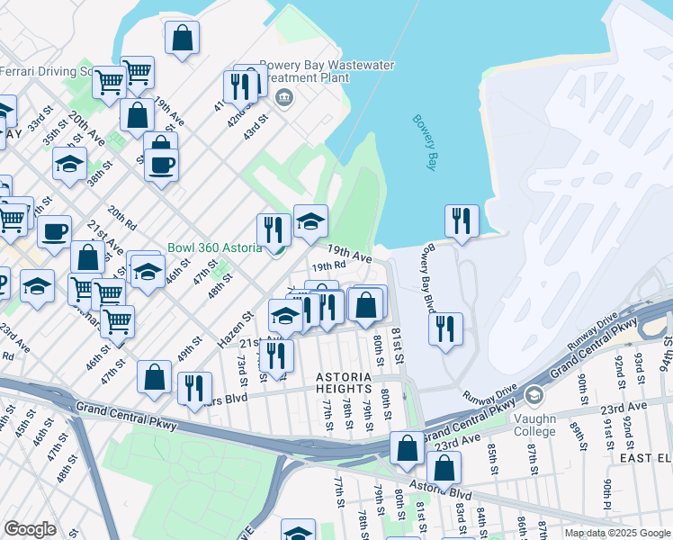 map of restaurants, bars, coffee shops, grocery stores, and more near 78-08 19th Road in Queens