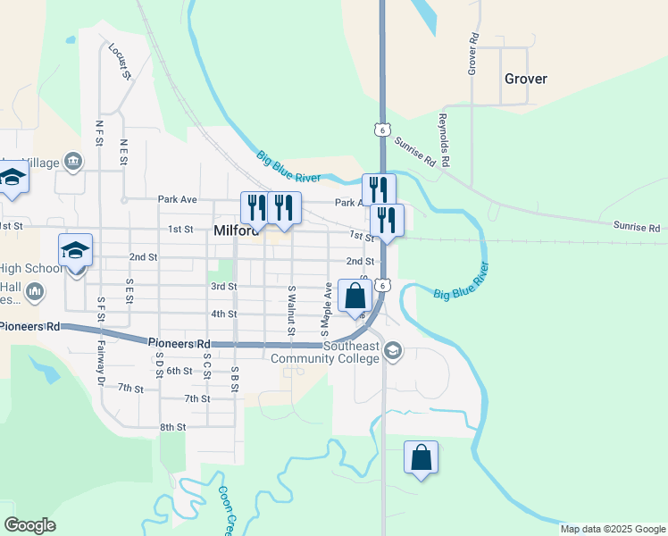 map of restaurants, bars, coffee shops, grocery stores, and more near 219 2nd Street in Milford