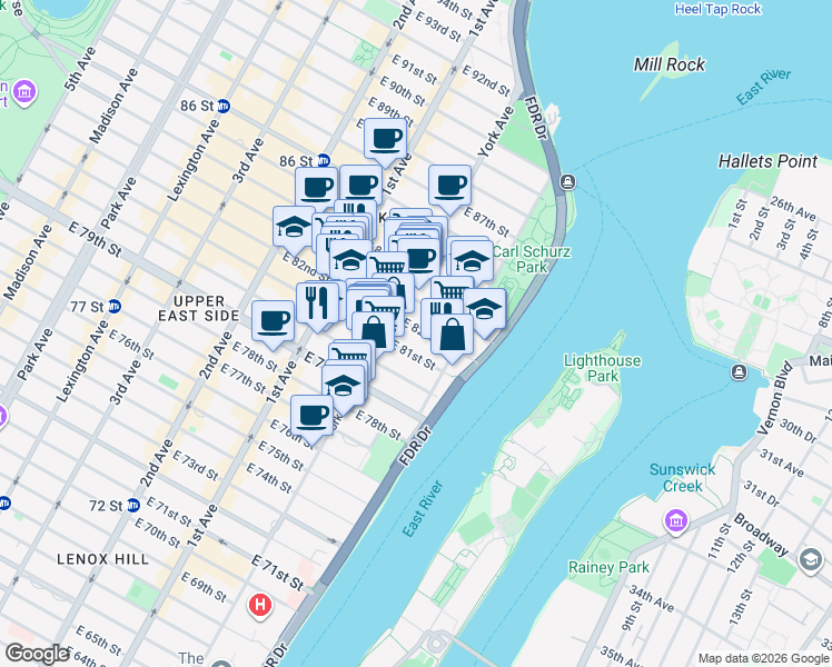 map of restaurants, bars, coffee shops, grocery stores, and more near 514 East 82nd Street in New York