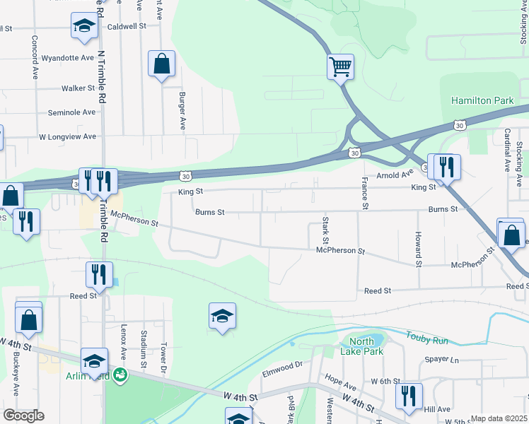 map of restaurants, bars, coffee shops, grocery stores, and more near 770 Burns Street in Mansfield