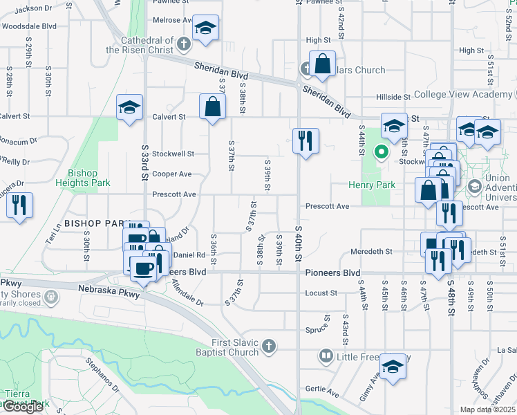 map of restaurants, bars, coffee shops, grocery stores, and more near 4010 S 37th St in Lincoln