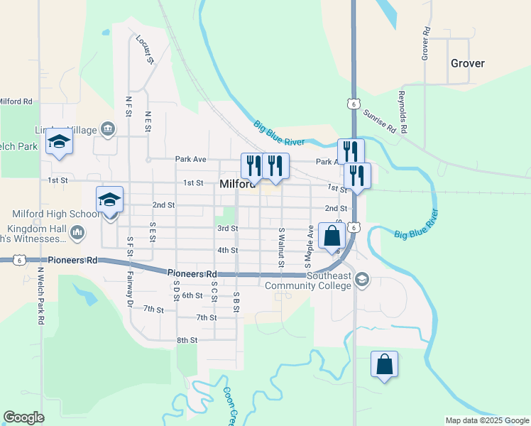 map of restaurants, bars, coffee shops, grocery stores, and more near 417 2nd Street in Milford