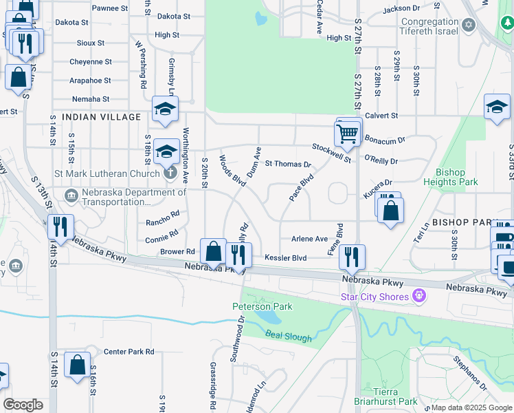 map of restaurants, bars, coffee shops, grocery stores, and more near 4035 Woods Boulevard in Lincoln