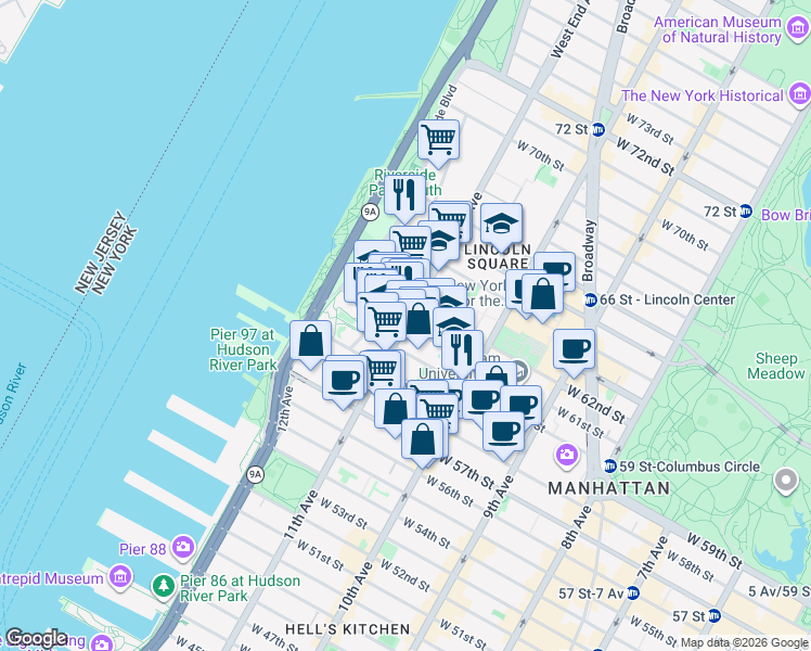 map of restaurants, bars, coffee shops, grocery stores, and more near West End Ave & W 61st St in New York