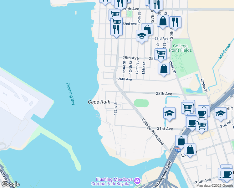 map of restaurants, bars, coffee shops, grocery stores, and more near 28-1 122nd Street in Queens