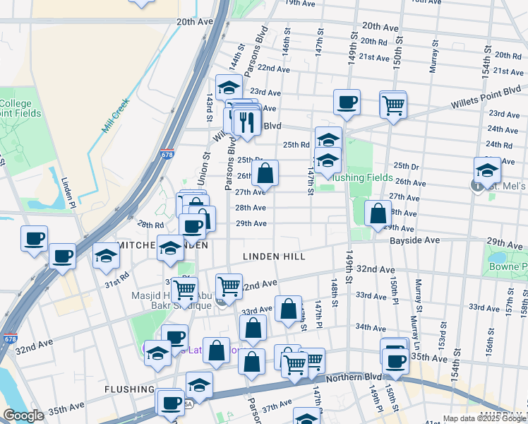 map of restaurants, bars, coffee shops, grocery stores, and more near 144-60 28th Avenue in Queens