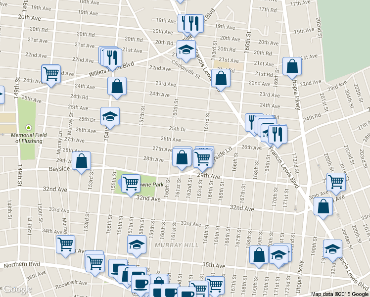 map of restaurants, bars, coffee shops, grocery stores, and more near 160-27 27th Avenue in Queens