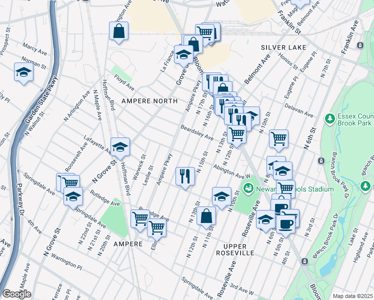 map of restaurants, bars, coffee shops, grocery stores, and more near 188 North 17th Street in Bloomfield