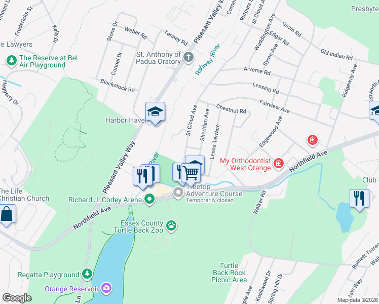 map of restaurants, bars, coffee shops, grocery stores, and more near 1 Rodman Place in West Orange