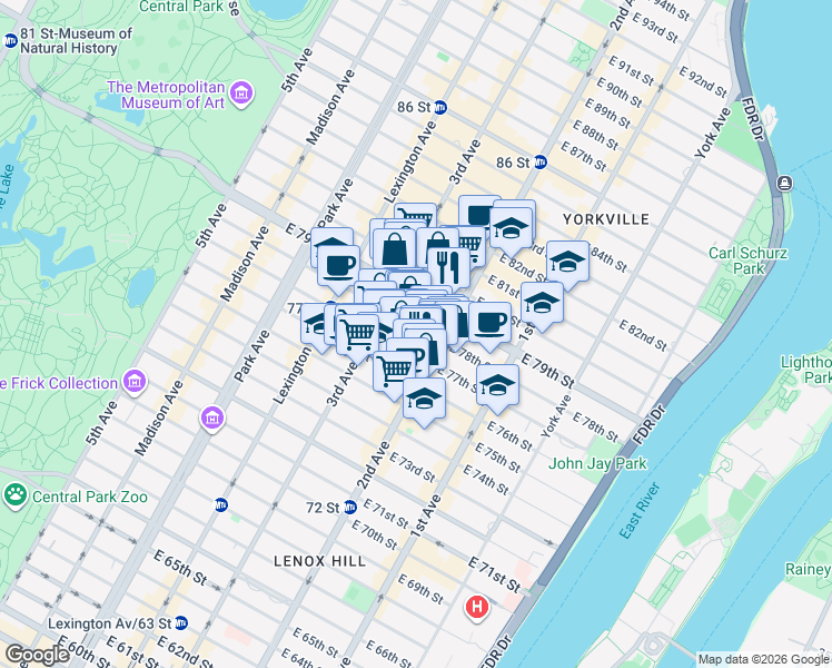 map of restaurants, bars, coffee shops, grocery stores, and more near 246 East 78th Street in New York