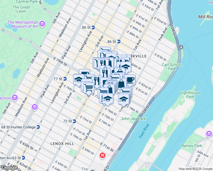map of restaurants, bars, coffee shops, grocery stores, and more near 340 East 80th Street in New York