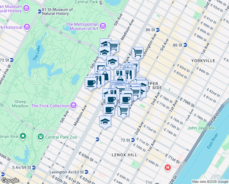 map of restaurants, bars, coffee shops, grocery stores, and more near 123 East 75th Street in New York