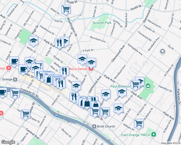 map of restaurants, bars, coffee shops, grocery stores, and more near 90 Washington Street in East Orange