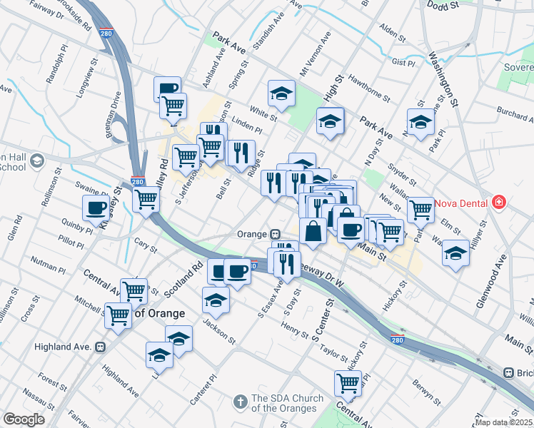 map of restaurants, bars, coffee shops, grocery stores, and more near 19 Lincoln Avenue in City of Orange