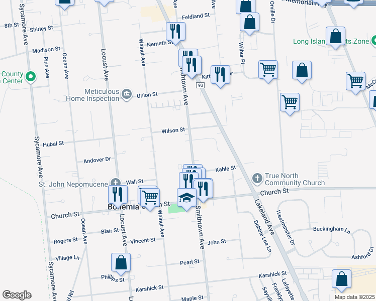 map of restaurants, bars, coffee shops, grocery stores, and more near 1216 Smithtown Avenue in Bohemia