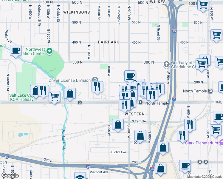 map of restaurants, bars, coffee shops, grocery stores, and more near 154 North 1000 West in Salt Lake City