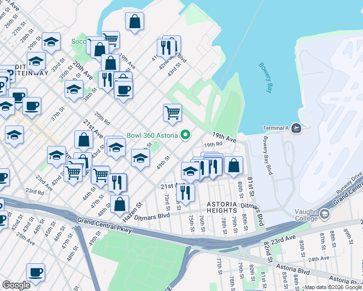 map of restaurants, bars, coffee shops, grocery stores, and more near 19-57 49th Street in Queens