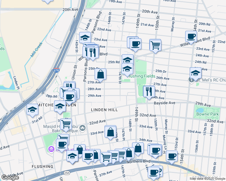 map of restaurants, bars, coffee shops, grocery stores, and more near 146-20 28th Avenue in Queens